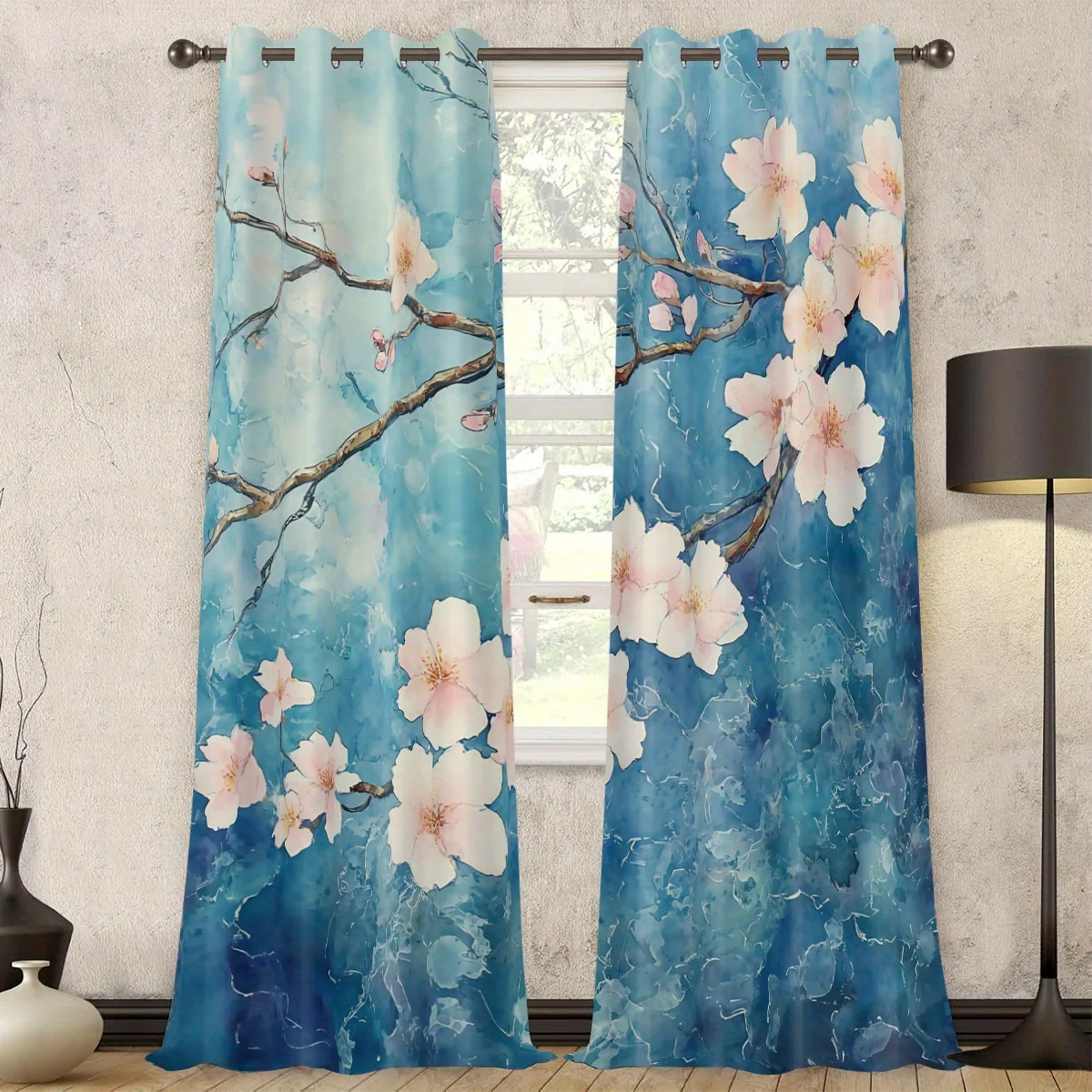 Luxury Blue Floral Cherry Blossom Curtains Drapes Polyester Window Treatment for Living Room Decoration Home Decor Spring Season