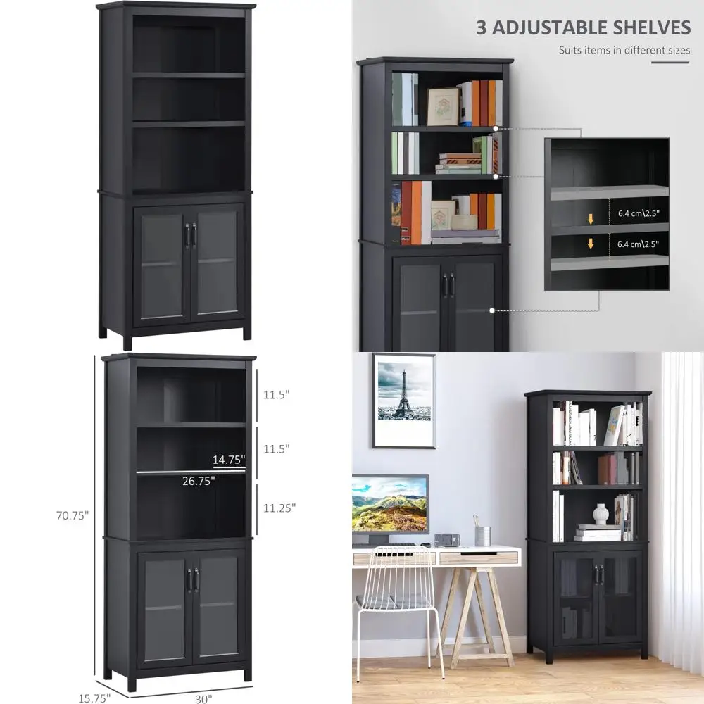 Black HOMCOM 71-inch Bookcase with Adjustable Shelves and Glass Doors for Home, Office, and Living Room Storage