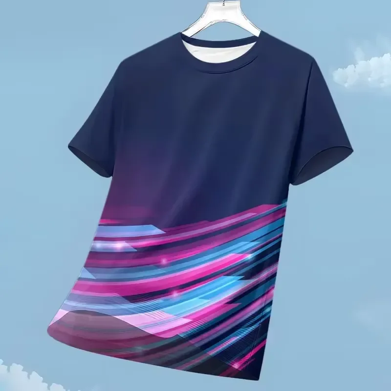 3D Digital Print 2026 Men Quick Dry Activewear Tee Linear Pattern Sweat Wicking Short Sleeve Summer Top All Day Comfort