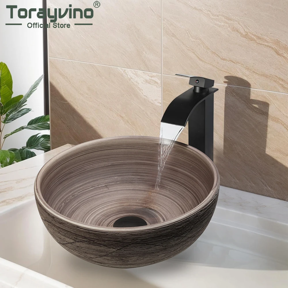 

Torayvino коричневый керамический посудочный столик, круглая раковина для ванной комнаты, туалет, балкон, искусство над столешницей, умывальник на пьедестале