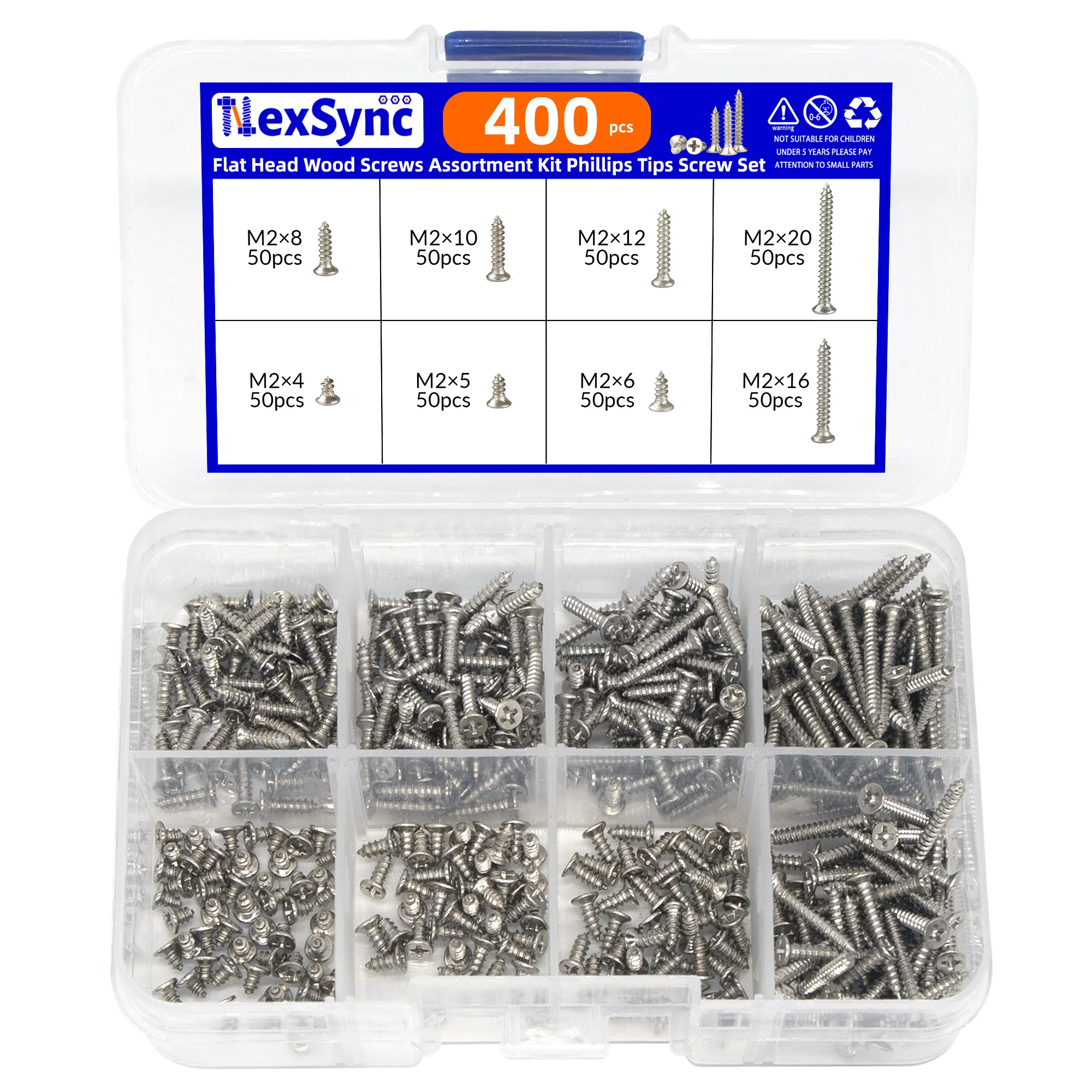 400 szt. Śruby do drewna z łbem płaskim zestaw asortymentowy końcówki krzyżowe zestaw śrub M2x4mm-20mm wkręty samogwintujące wkręt do drewna