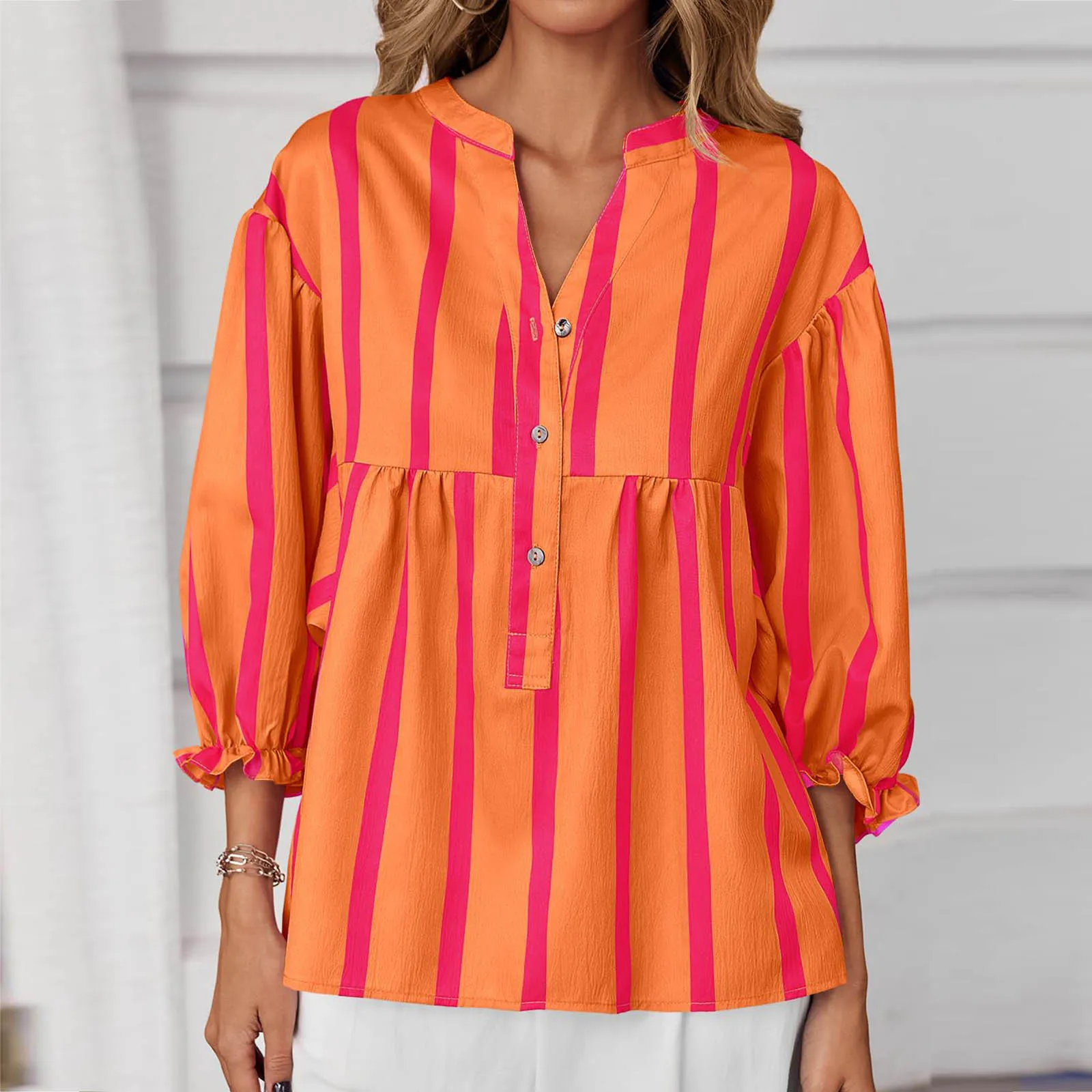 قميص مطبوع مخطط فضفاض، أزرار على شكل حرف V، أكمام سبعة أرباع مقسمة   قميص ربيع الخريف التنقل الملابس النسائية #3