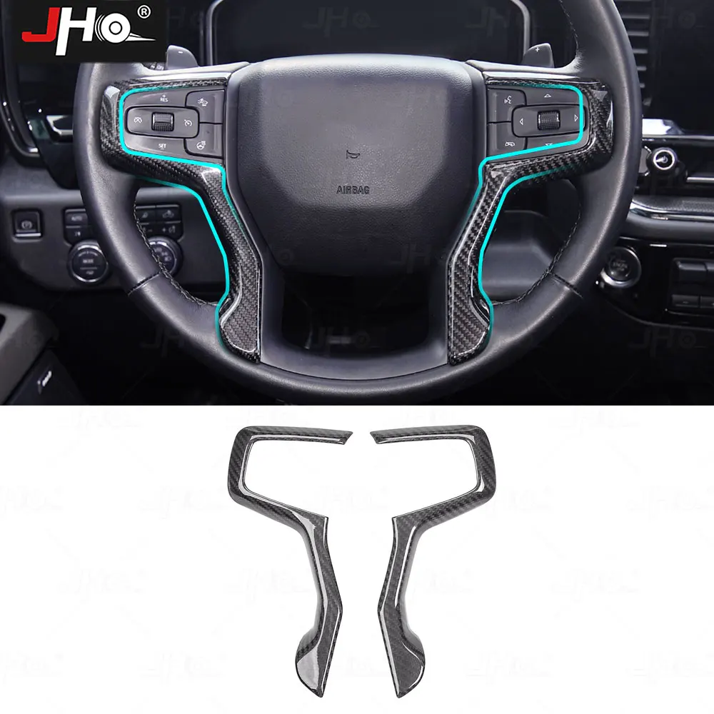 JHO Real Carbon Fiber Steering Wheel Protective Decorate Trim for 2020 2021 2022 2023 Chevy Silverado Interior Accessories