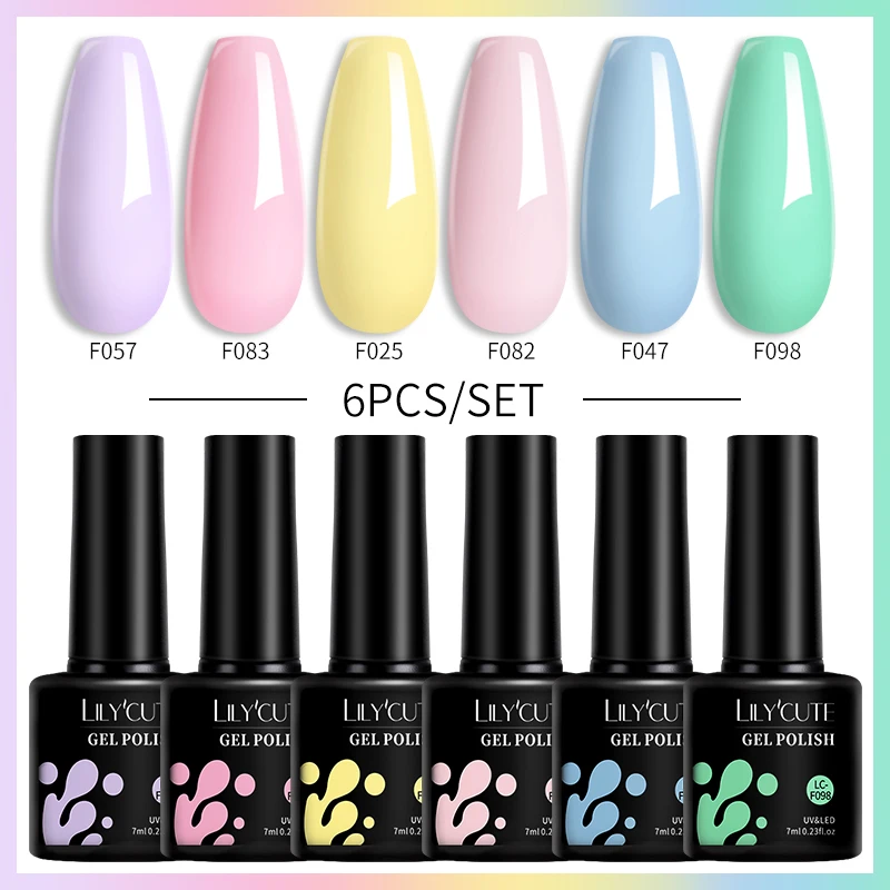 LILYCUTE 6Pcs/Set Macaron Color Gel Nail Polish Set Kit Spring 6 Colors UV LED Nail Art Gel Vernis Semi Permanent Base Top Coat