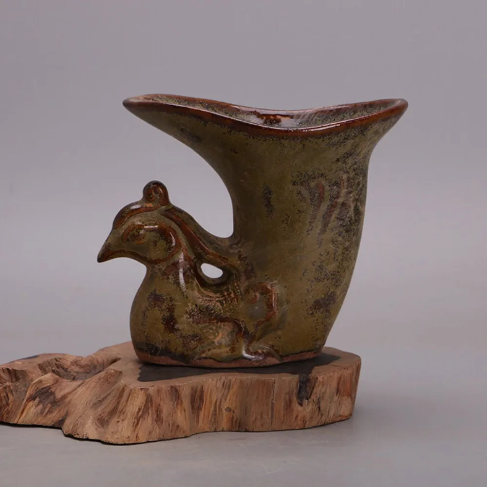 Song Yue Ware Tea Dust Glaze Carved Phoenix Cup Vintage Style Porcelain Home Decor Collectible