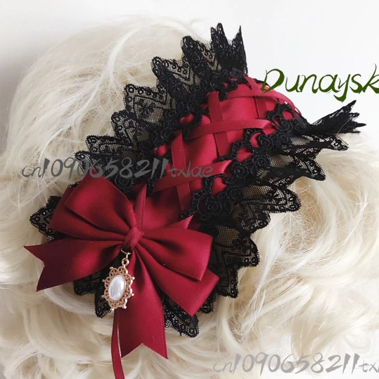 

Gothic Lolita Lace Headband Black Red Ribbon Hair Accessory Dark Sweet Style Japanese Kawaii Goth Headpiece with Rosette Details