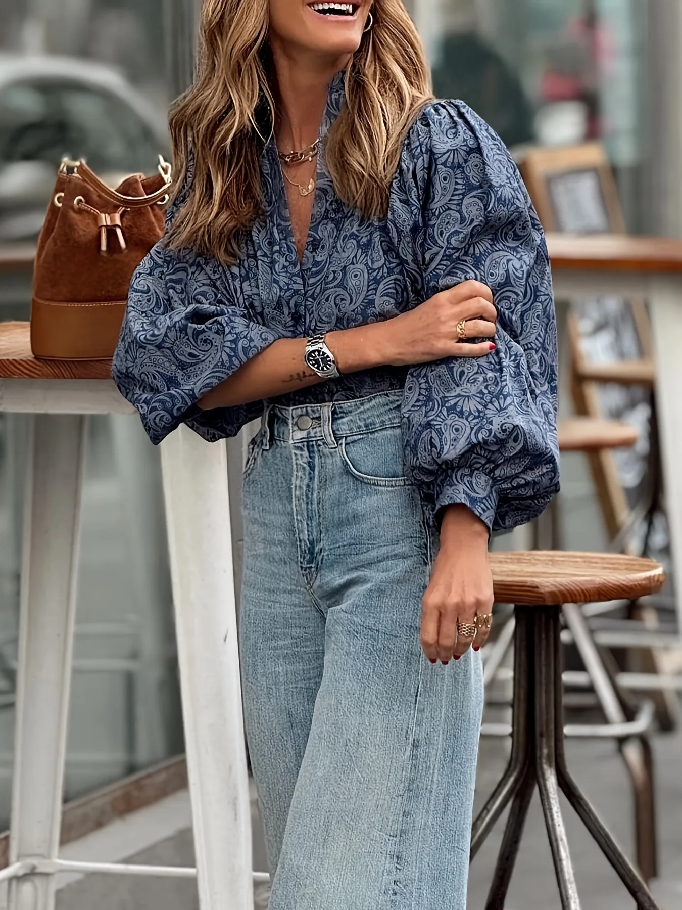 

2025 Spring New Casual Women's Printed Bubble Sleeve Top Commuting Office Style V-neck Shirt