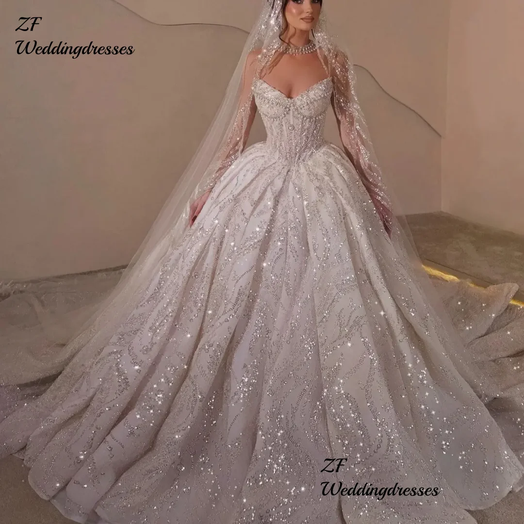 Customized  Wedding Dresses Sequins  Pearls Bridal Ball Gowns Strapless Sleeveless Princess Bride Dress Vestidos De Novia