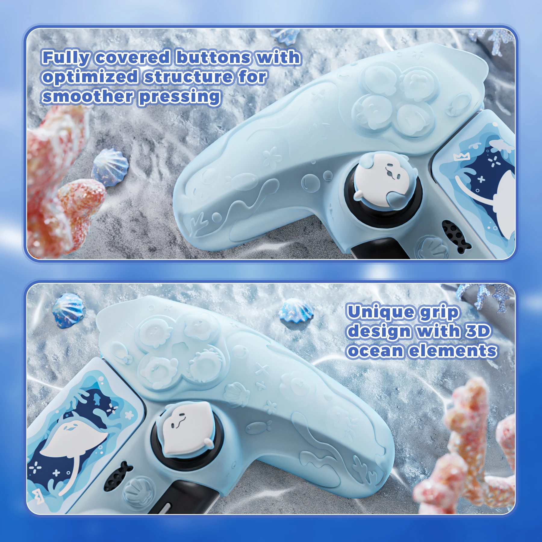Silikonowa nakładka PlayVital Ocean Whisper Series na kontroler PS5, półprzezroczyste miękkie etui z nakładkami na analogi, naklejkami, kolor miętowy — zdjęcie produktu 5