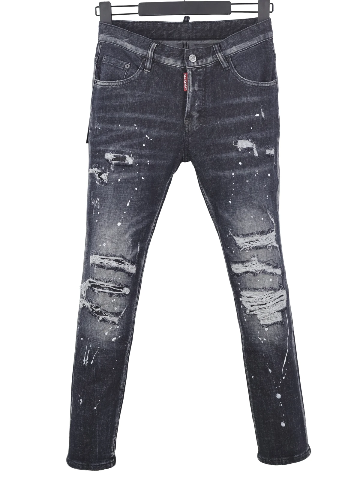 

6083 Four Seasons New D2 Jeans Men's Washed Ripped Hole Patch Paint Three-dimensional Cutting Feet Black