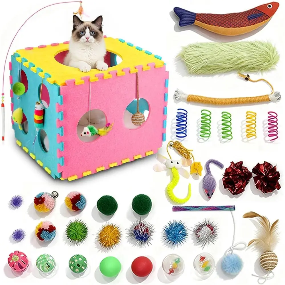 

Interactive Cat Toys, Indoor Cats & Kittens Toys with Cat House Bed, Catnip, Chew Rope, Feather Wand, Springs & Balls