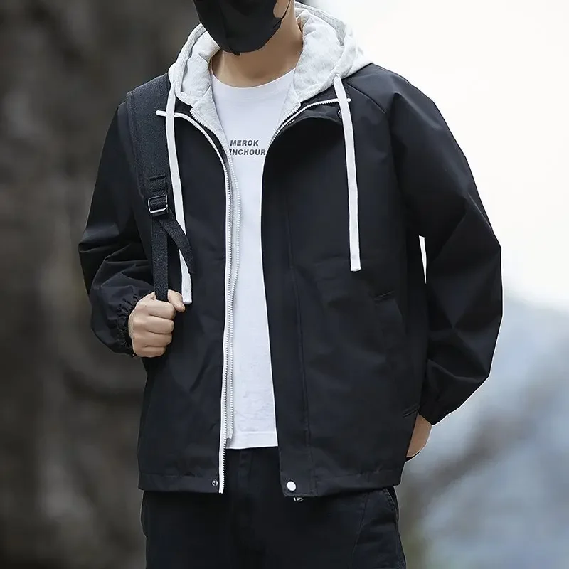 Fake Two Piece Hooded Jackets Men Autumn Loose Fit Windbreaker Outerwear Workwear Coats Man Zipper Closure Patchwork Work Jacket
