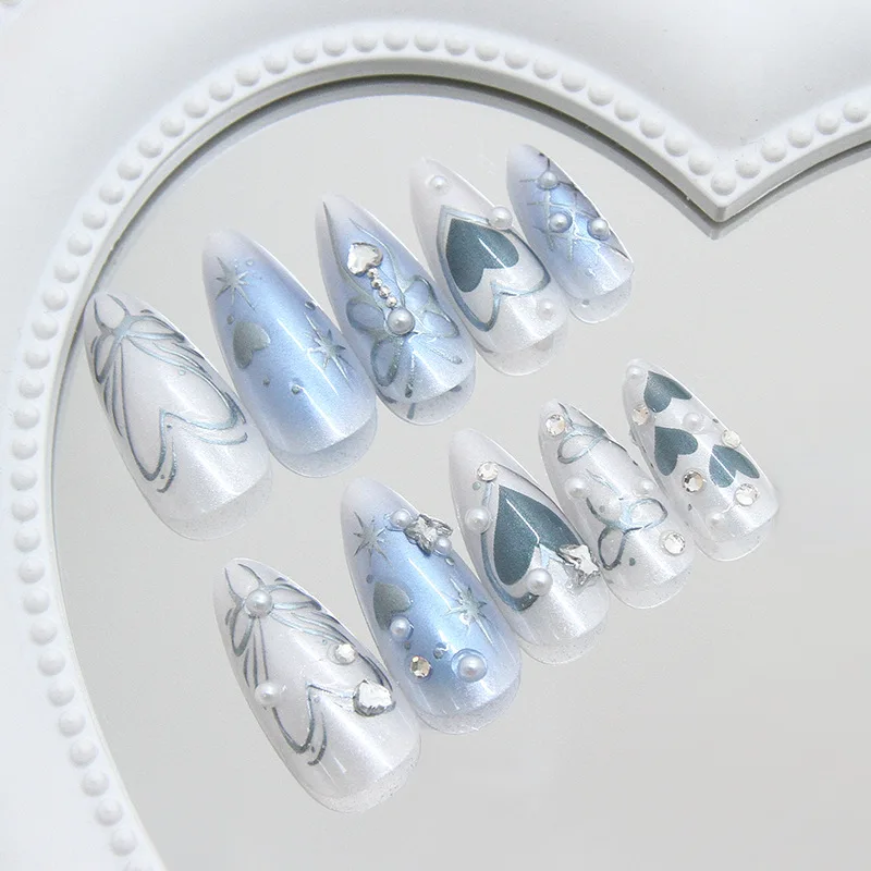 24 peças de unhas prensadas azul sonhador gelado com glitter de pérola 3D diamantes brilhantes e pérolas estreladas presente perfeito para meninas