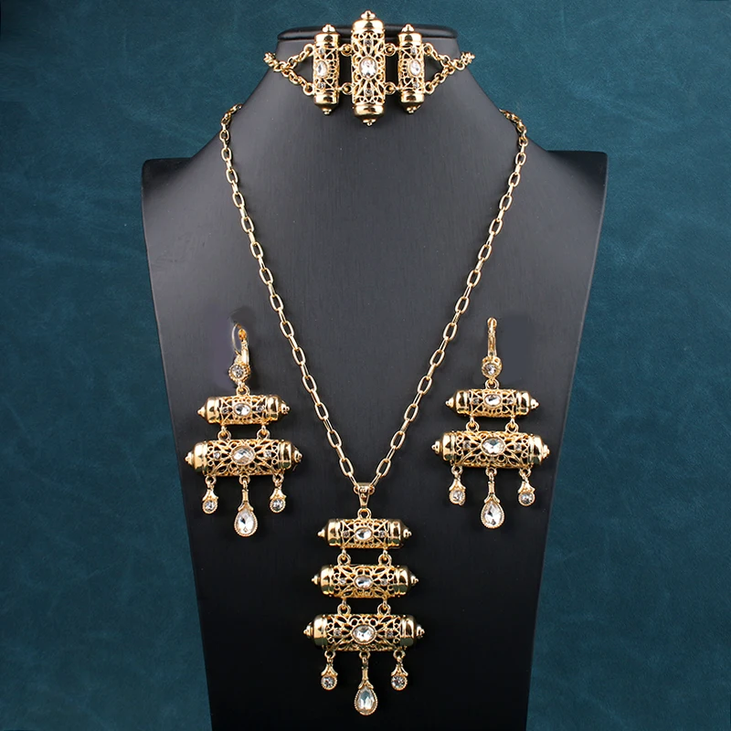 Moroccco Trendy Women Jewelry Set Gold Plated Rhinestone Necklace Set Luxury Ethnic Wedding Jewelry  Accessories for Women Set