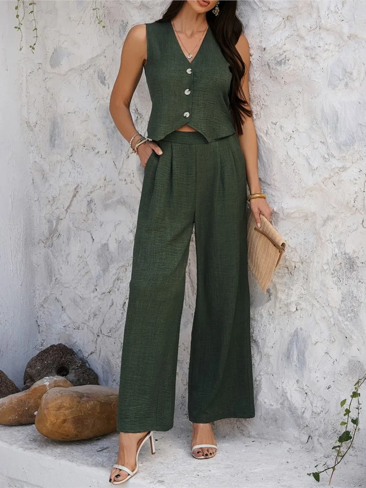 Casual Commuting Holiday Style Simple Solid Color Vest Wide-leg Trousers Set Women's Summer Sleeveless Casual Trousers Set