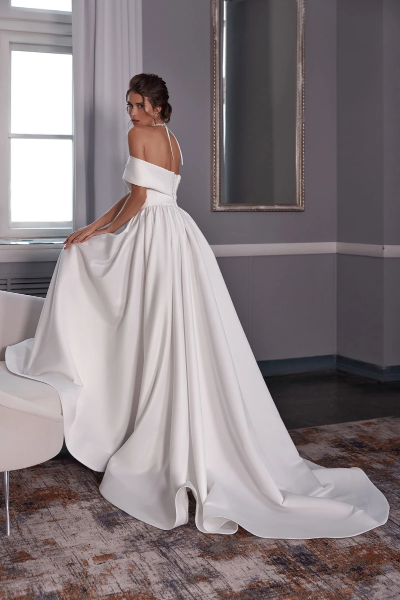 Vestido de novia acampanado con hombros descubiertos, elegante, manga corta, cremallera en la espalda, encantador hasta el suelo, cola larga, personalizado a las medidas