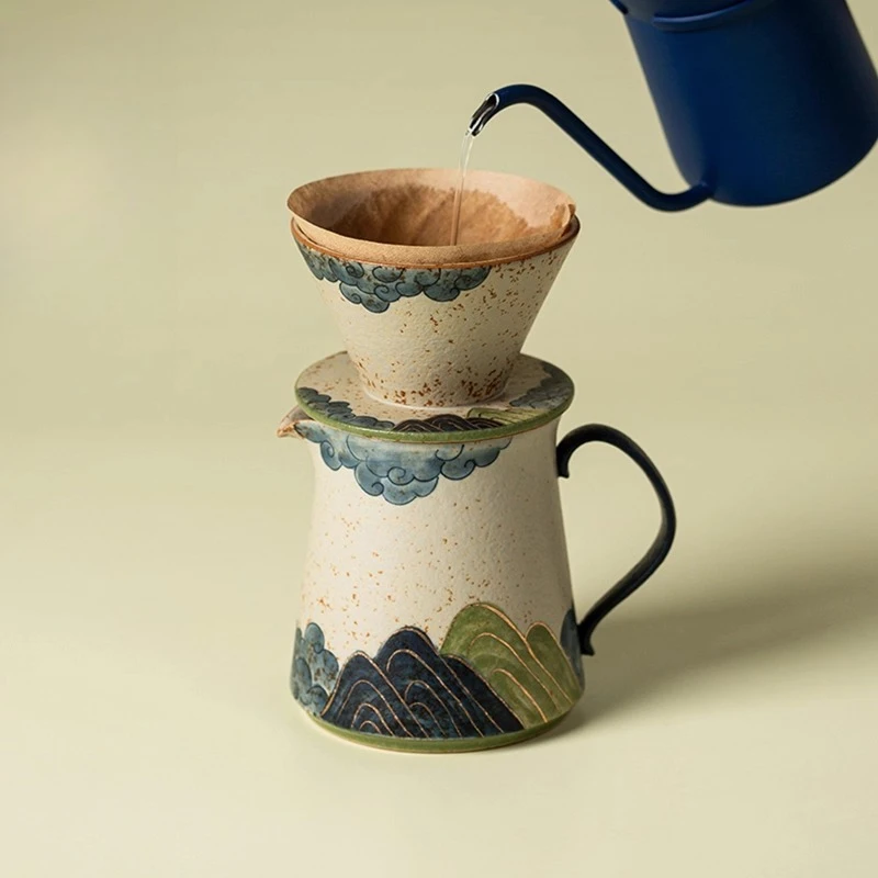 

Pure hand-painted gold-painted green water green mountain hand-brewed coffee pot set ceramic household tea brewing filter
