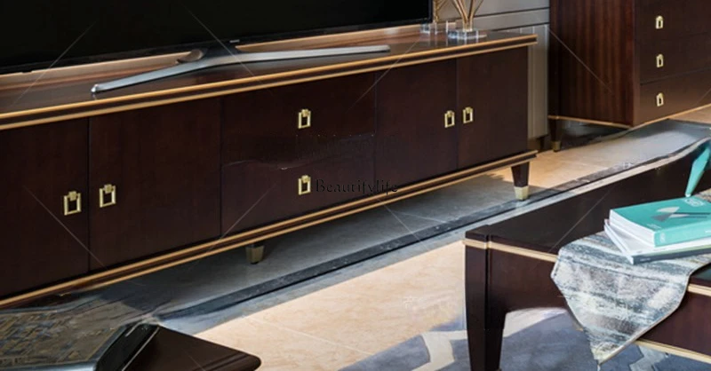 

Light luxury all solid wood TV cabinet plus drawer cherry brown American TV floor cabinet
