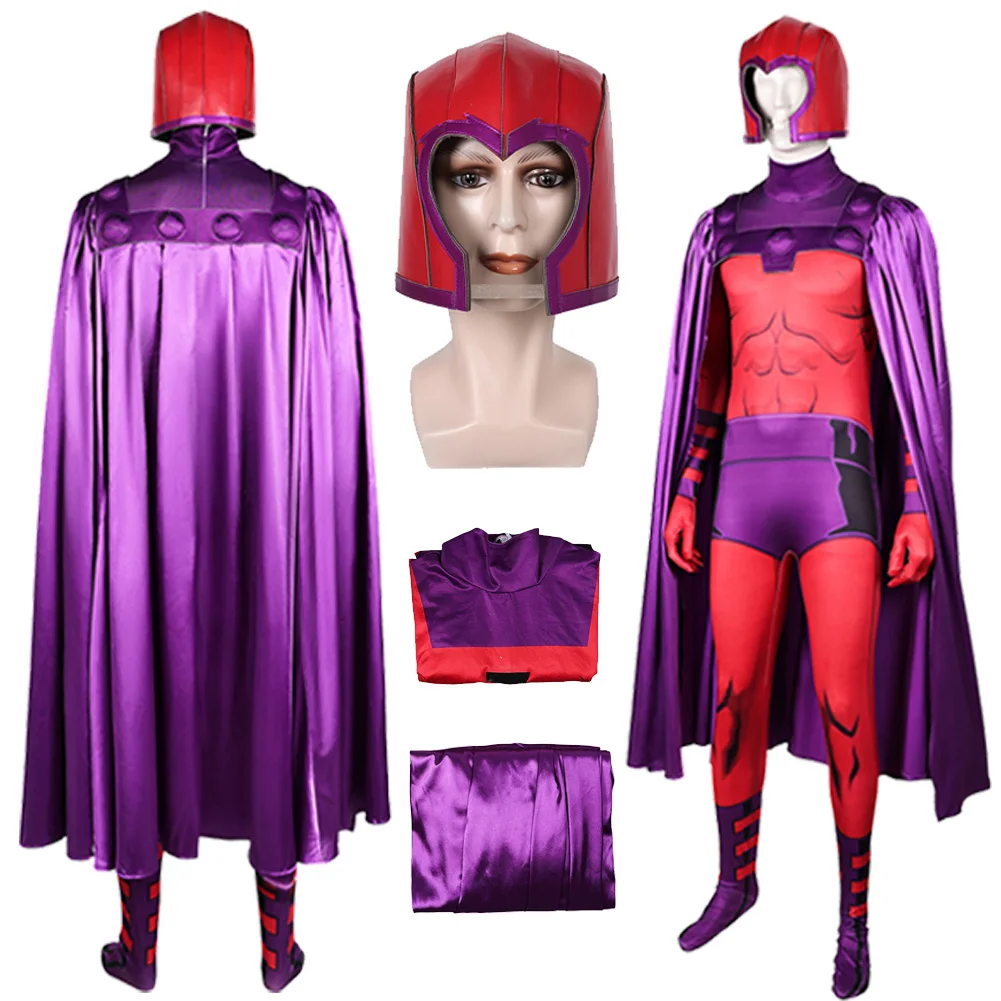 

Magneto Cosplay Jumpsuit Cloak Costume Movie Super Villain X Roleplay Outfits Headgear Mask Male Halloween Disguise Party Suits