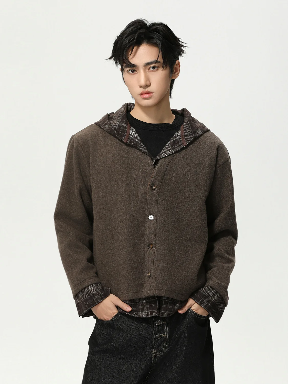 

Клетчатый сращенный искусственный кардиган из двух частей с капюшоном, шерстяной свитер, короткий трикотаж для мужчин