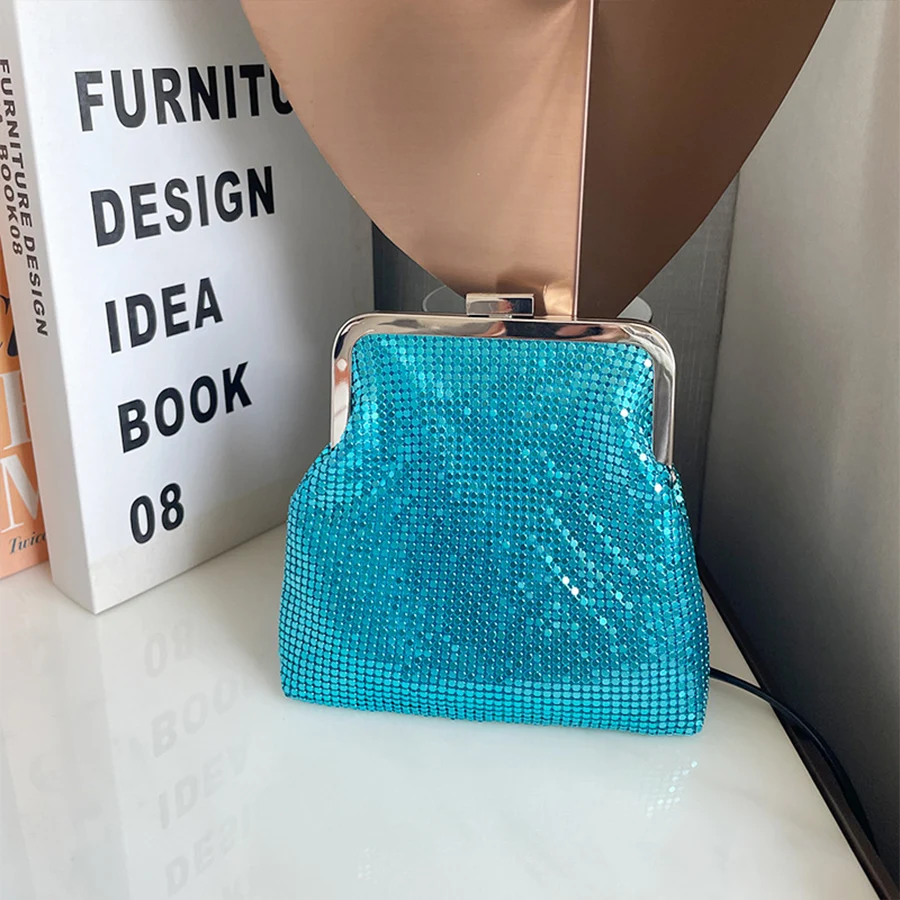 Simple Solid Color sequin dinner Bag Women\'s Chains shoulder crossbody bags metal Mesh Clutch purse party Dress Banquet handbags