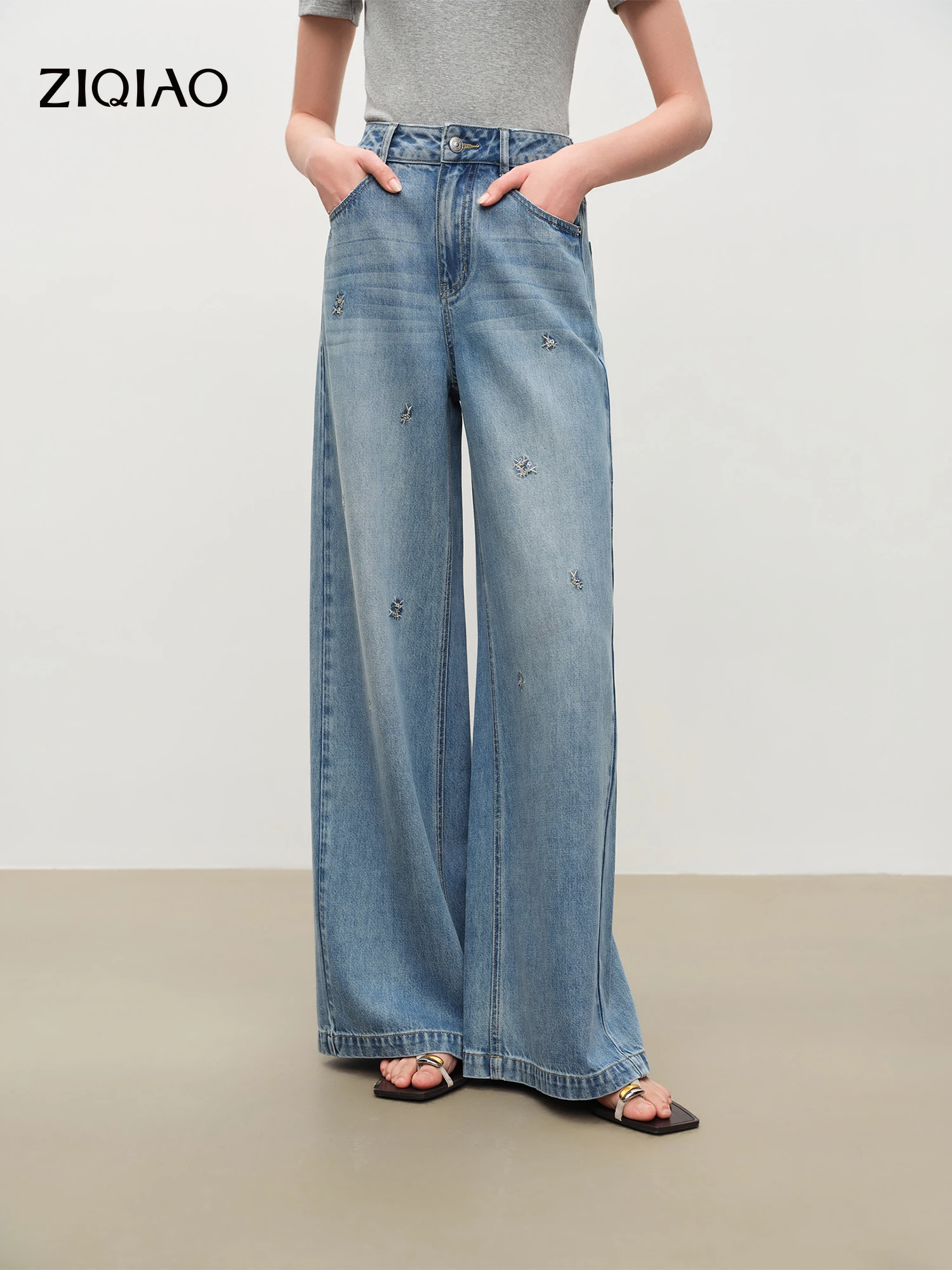 ZIQIAO Women's Sequined Embroidered Lightweight Denim-Look Casual Pants 2026 Summer New Arrival Stylish Wide-Leg Trousers Pants