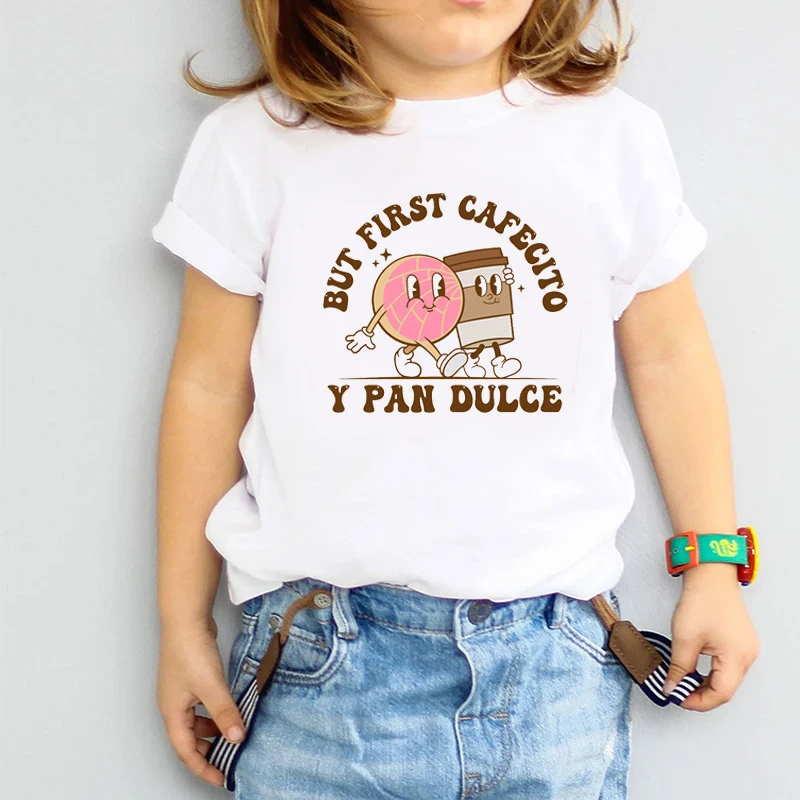 

New Girls t-shirt fun Latin Culture Letter But First Conchas Cafecito Taco Food Mexican Coffee Burger Cartoon Print Boys t-shirt