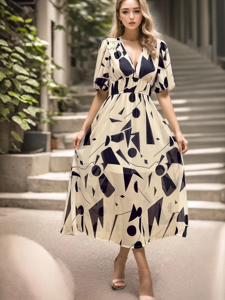 New Boho Floral Print Midi Dress Women Fashion V-Neck Short Sleeve Dresses For Women 2025 Summer Casual Holiday Long Dress