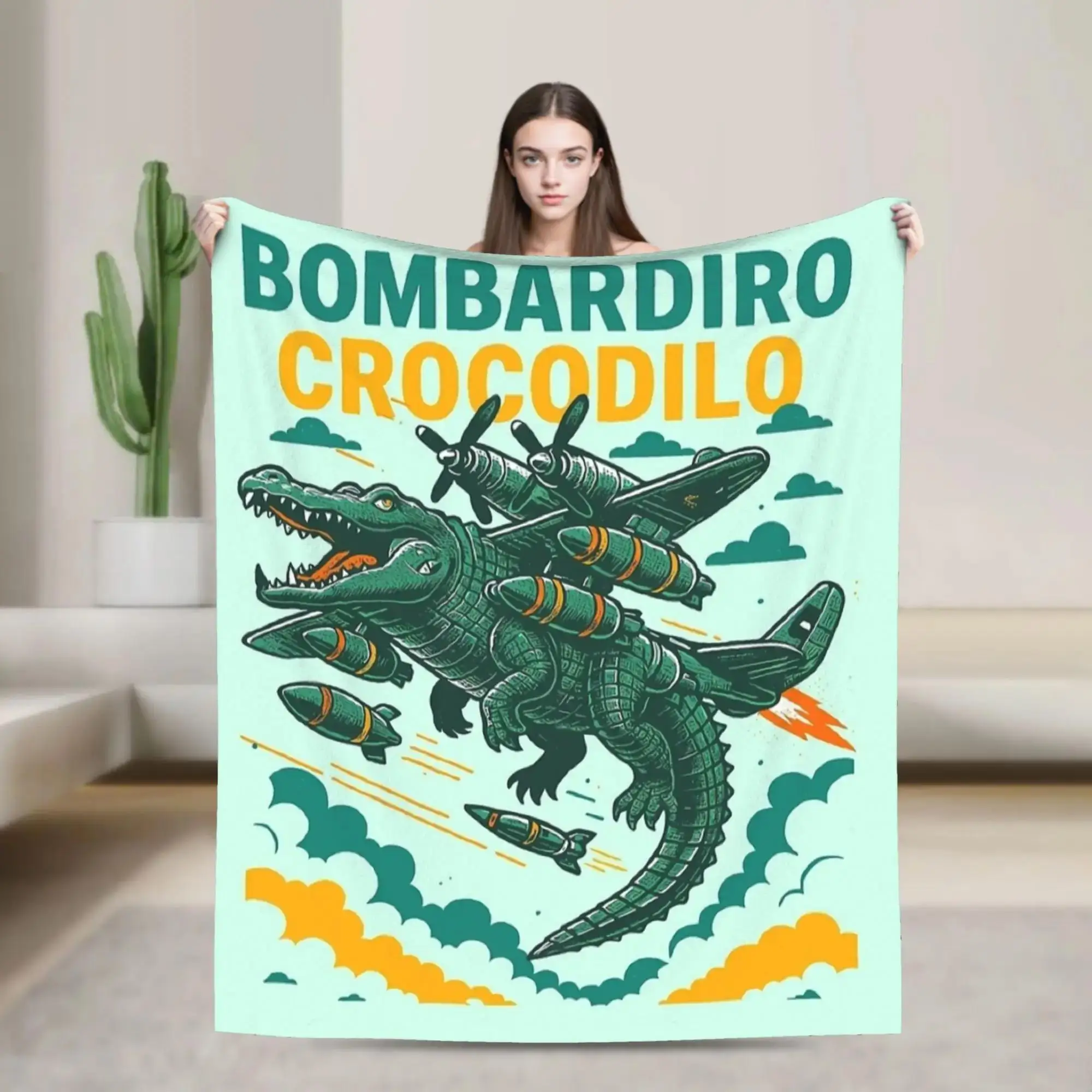 

Плюшевый плед Bombardiro Crocodilo с итальянскими мемами, теплый фланелевый узорчатый плед для дивана, кресла, кровати, для девочек