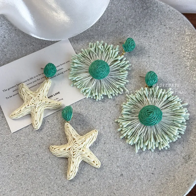 Earrings Straw Woven Sunflower Starfish Beach Vacation Oversized Boho Flattering Statement  Durable for Women Summer Resort