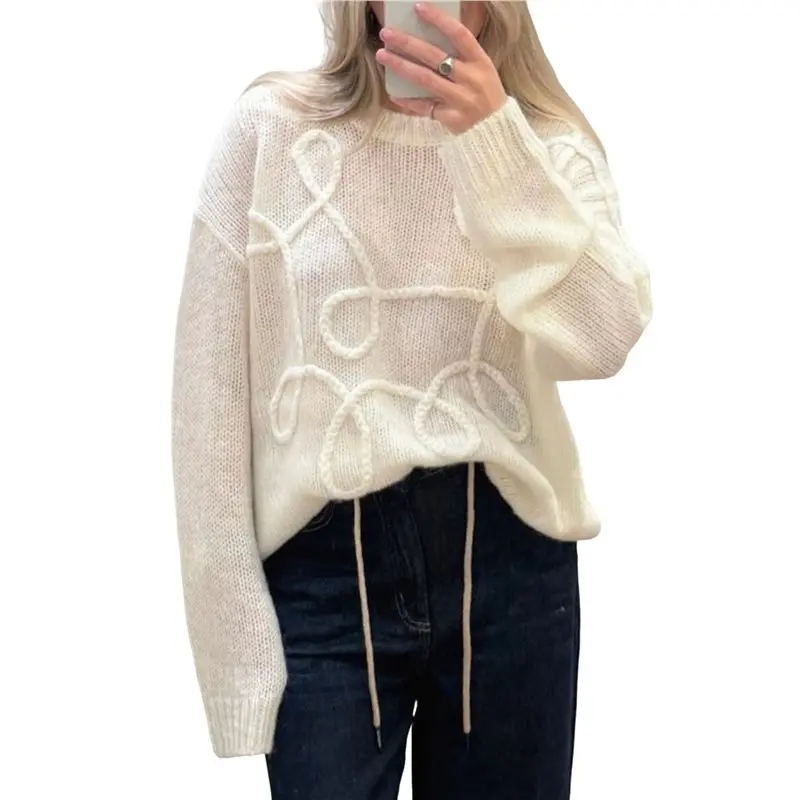 

CYL-Fall Long Sleeve Pullover For Women Crewneck Casual Cute Line Decoration Chunky Knit Oversized Sweater