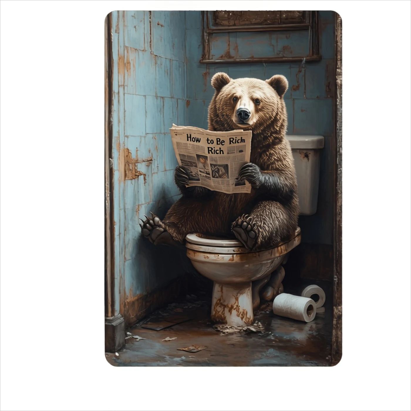 Home Bathroom Wall Art - 1pc, Rustic Bear on Toilet Tin