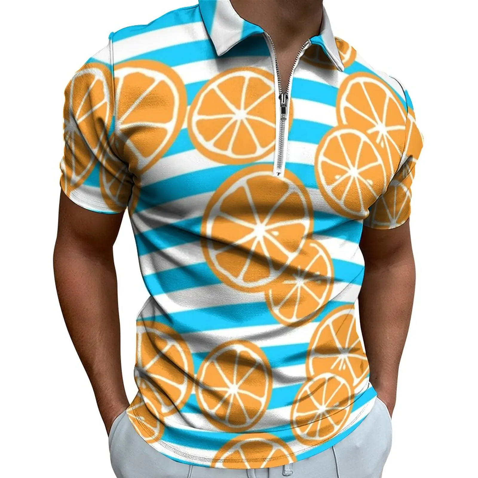 Oranges Slices Polo Shirts White and Blue Stripes Casual Shirt Daily Vintage Men Short Sleeve Collar Printed T-Shirts