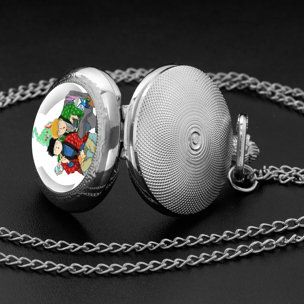 Anime Mob Psycho 100 Design Glass Dome Quartz Pocket Watch with Arabic Numeral Dial on Chain Ideal Present for Special Occasions