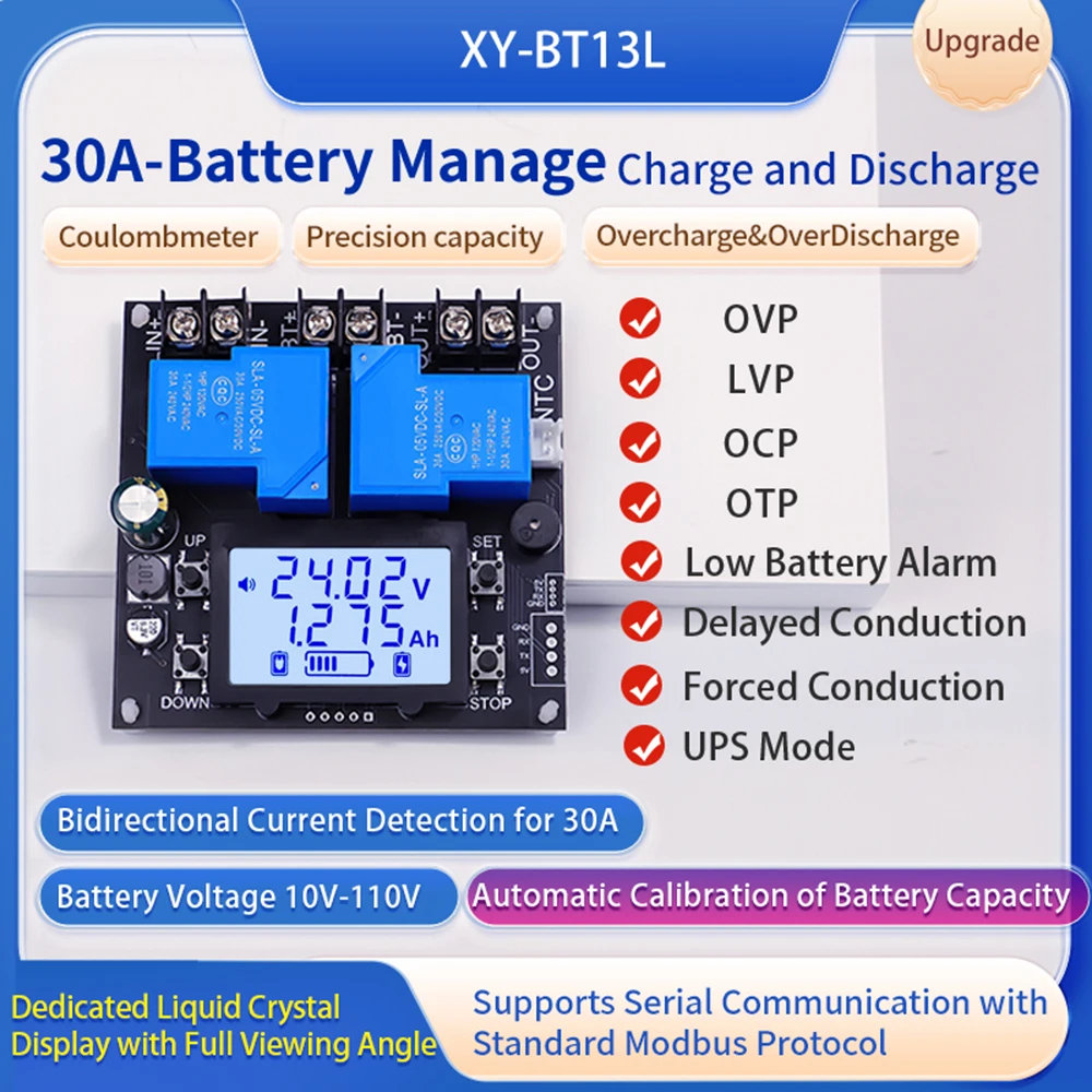 DC 10-110V 30A BT13 Coulomb Meter LCD Display Voltage Battery Capacity Indicator Fully Automatic Charge and Discharge Management