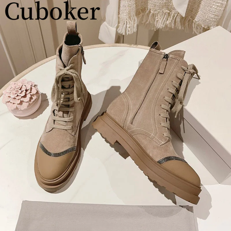 High Quality Women Suede Leather Boots Lace up Thick Sole Round toe Female Zip Ladies Motorcycle Short Boots Winter Women mujer