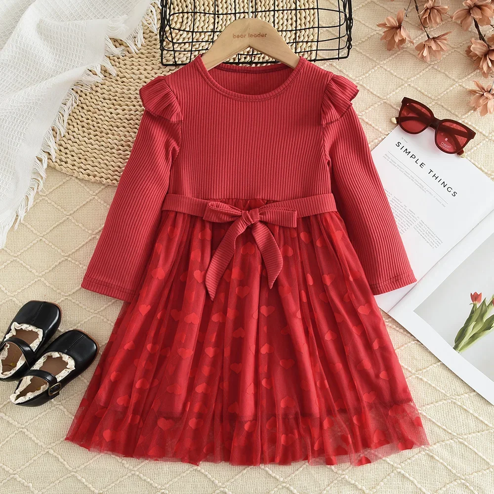 2024Autumn New Christmas Style Girls' Dress Red Love Mesh Splicing Long Sleeve Comes with Belt Party Dress New Year's Gift Dress