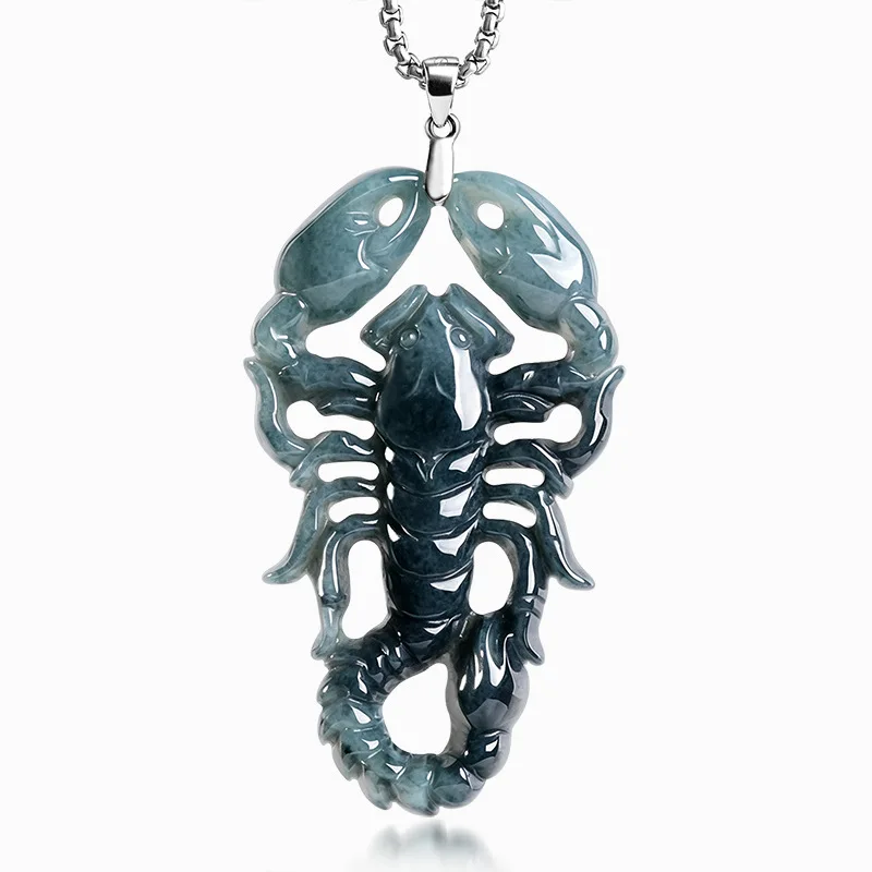 Natural A-Grade Jade Scorpion Pendant Hollowed-Out Ice Texture with Black Cockerel S925 Silver-Inlaid Gemstone Necklace Unisex