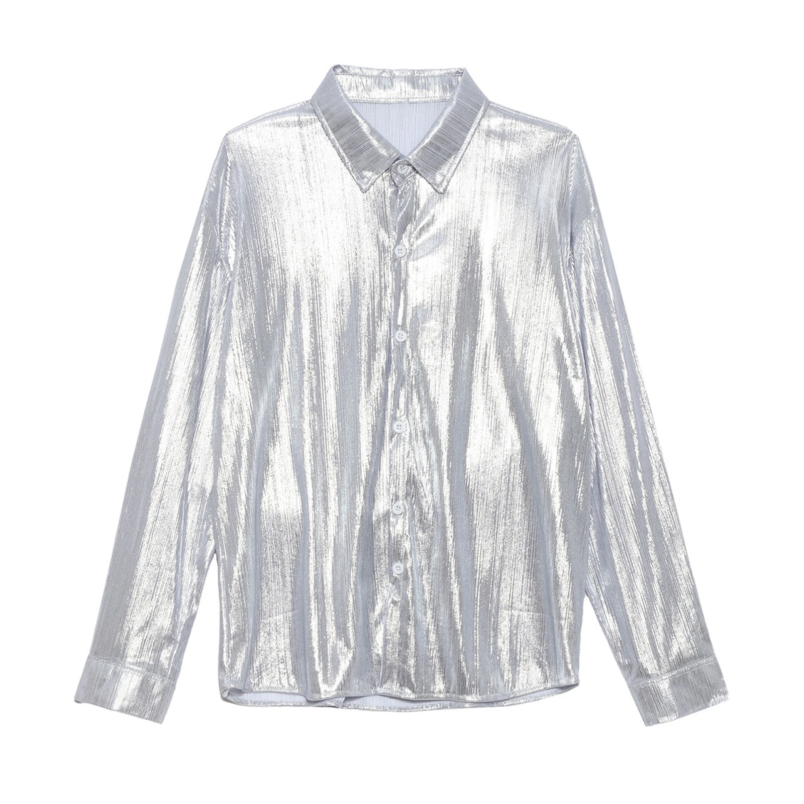 

Mens Iridescent Metallic Shirt Turn-down Collar Long Sleeve Front Button-up Loose Blouse Top for Jazz Disco Prom Nightclub