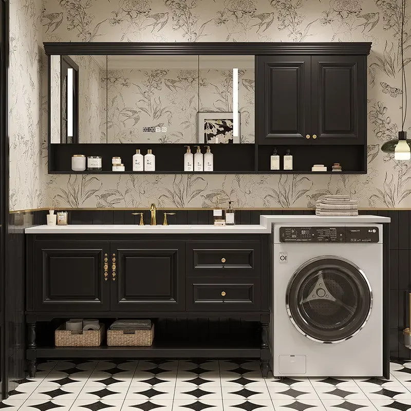 Oak Wood Washer Cabinet Set  American Retro Style Bathroom Vanity with Granite Hot-Bent Sink and Wash Basin