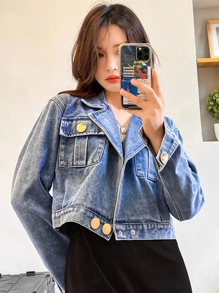 

America Punk Hip Hop Blue Denim Jacket Short Cowboy Coats Pockets Notched Turn-down Collar High Waist Jacket for Women Spring