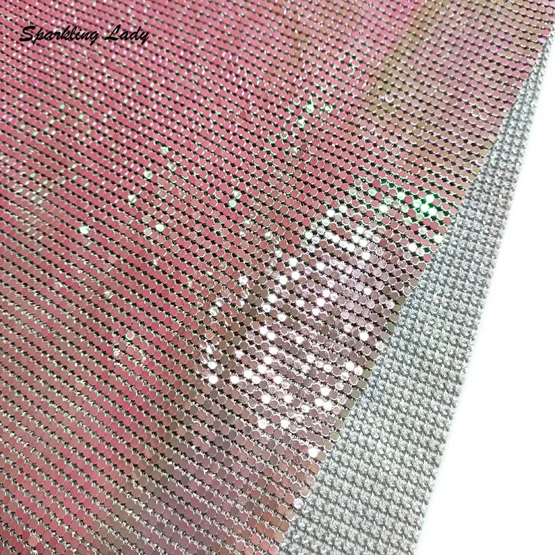 

3MM Iridescent Pink Metal Mesh Fabric for Bling Fashion Glitter Sequin Cloth Chain Mail Dresses Tops Design Party Festival Decor