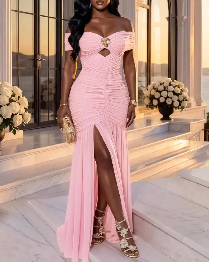 

Women's Dress 2026 Spring New Solid Color Off Shoulder Pleated Slit Hem Hollow Front Temperament Elegant Party Long Dress