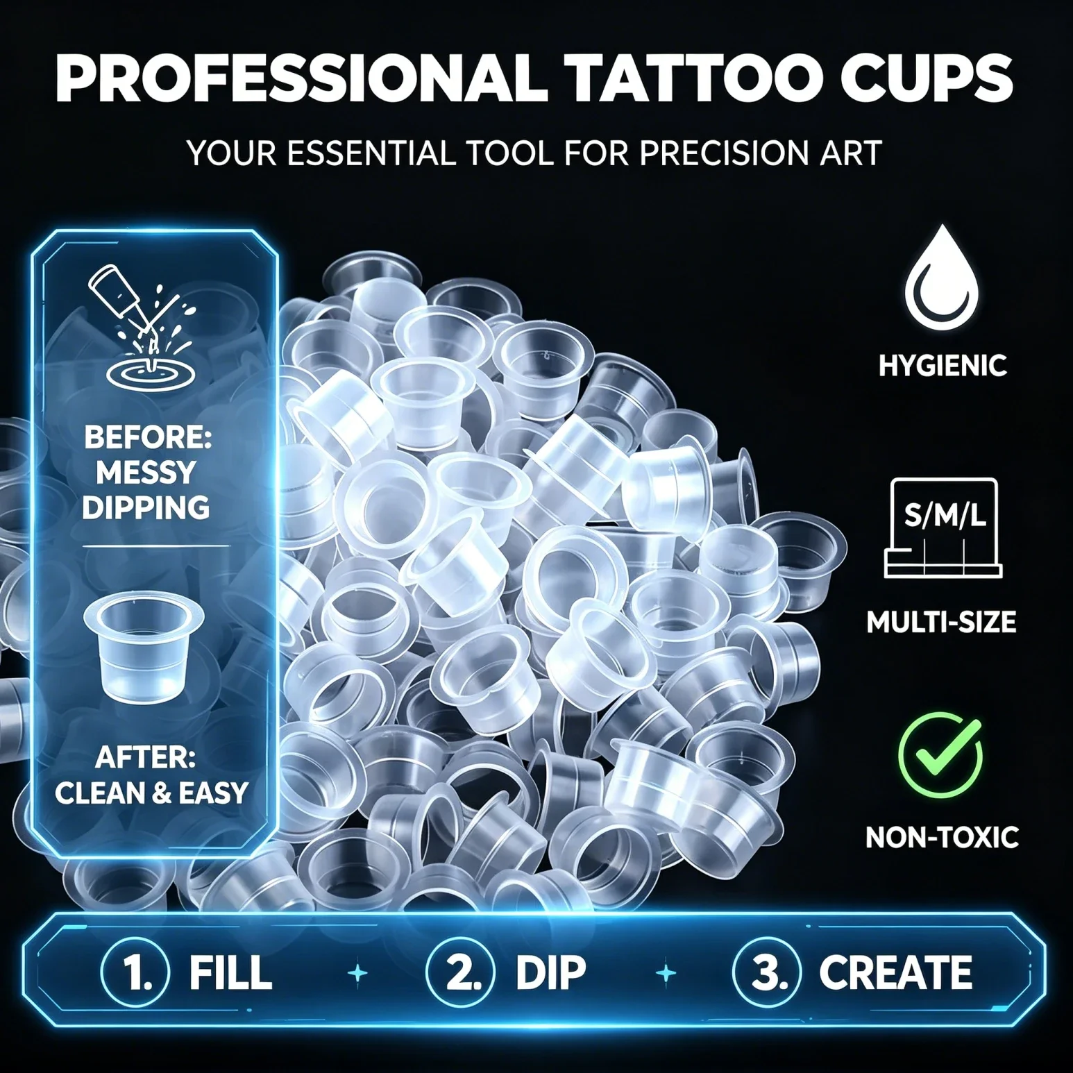 NARKASY Plastic Tattoo Ink Cups Caps, 8/11/15mm Multi Sizes Pigment Microblading Holders Containers, 100/500/1000 Count Tatto