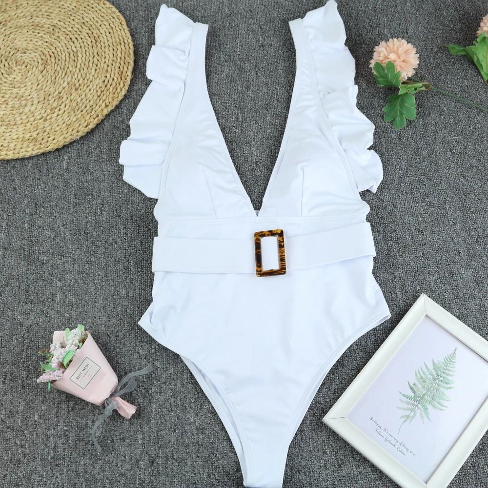 Sexy Ruffle Deep V Neck 2025 Solid Bikini Set Women Vintage One Piece Swimwear Female Swimsuit Backless Bathing Suit Beachwear