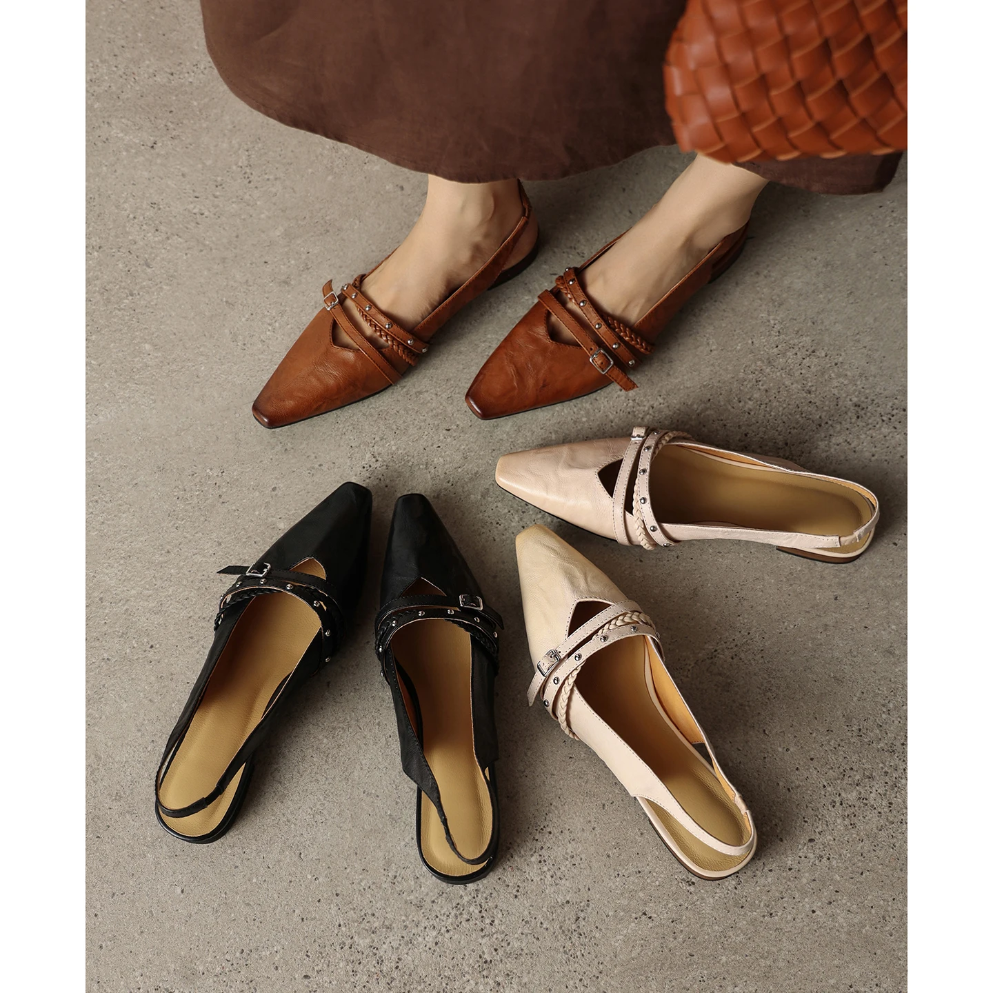 2026 new summer women sandals natural leather 22-25cm cowhide+sheepskin square toe buckle low heel mules women slippers fashion