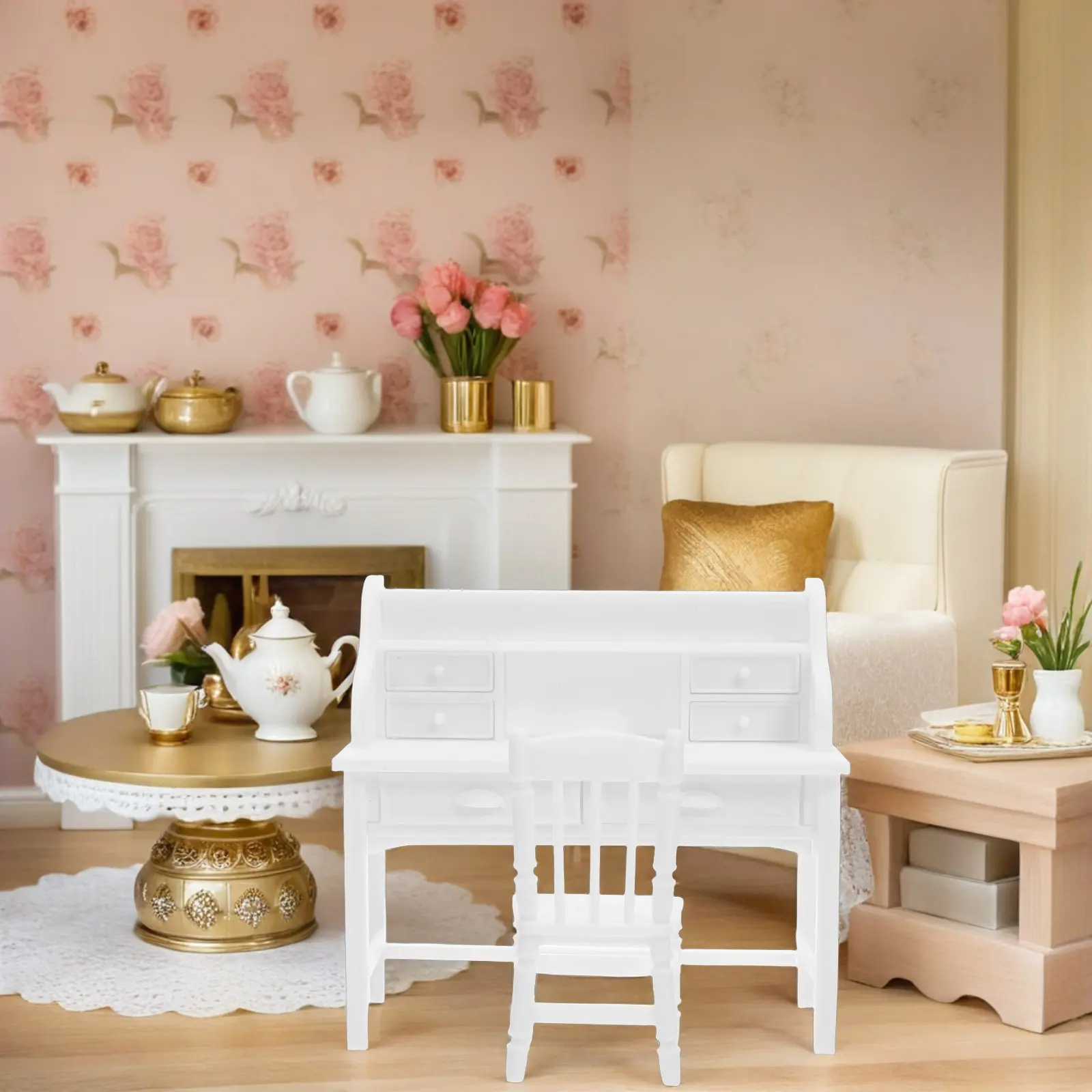 

2 комплекта миниатюрной мебели для дома: реалистичный стол для кукольного домика с рабочими ящиками для творческого создания игровых сцен