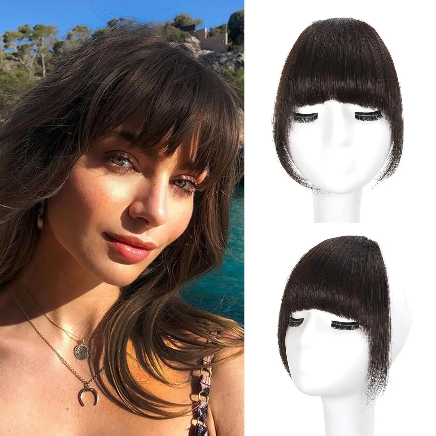 

Накладная челка из натуральных волос с бакенбардами, 3D-челка на заколках, натуральная объемная челка-накладка, не-рэми, 2.5"x4.5"