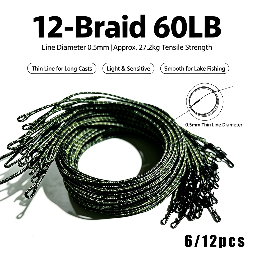 6/12pcs 100cm/39.3in, 27.22kg Test Weights, Fishing Leadcore Leaders Line with Swivels Anti Tangle with Ring Swivel High Strengt