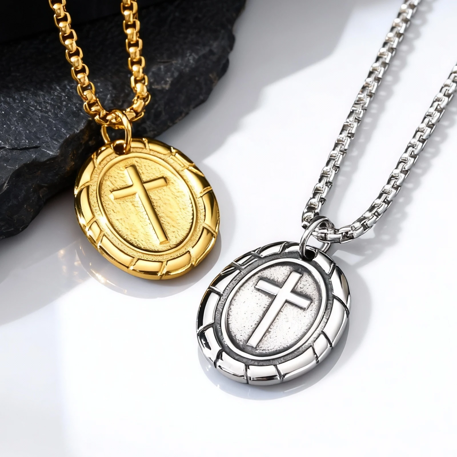 Herren Retro Silber Farbe Edelstahl Kreuz Anhänger Halsketten, Neue Punk Religiöser Glaube Kragen Geschenke für Ihn Schmuck – Detail 5